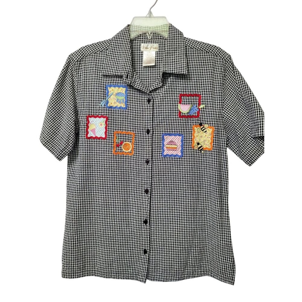 Vtg Bobbie Brooks Womens‎ Black Gingham Short Sleeve Button-Up Shirt M Patchwork